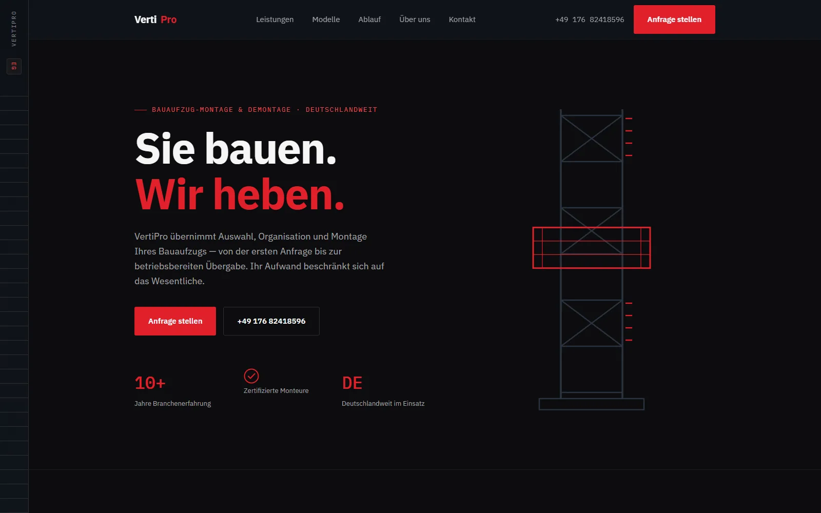 Startseite der VertiPro-Website mit dunklem Design und technischer Illustration eines Bauaufzugs